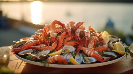 Closeup of a plate piled high with fresh seafood, caught locally and prepared to perfection for the Moonlit Waterfront Dinner.