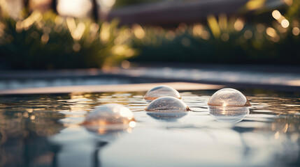 Closeup of the pools edges, reflecting the moons soft light and creating a dreamy ambiance.