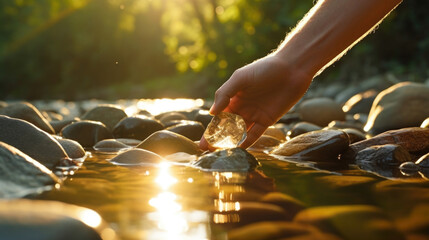 Closeup of a hand picking up a smooth, round river rock, taking a moment to feel its weight and texture before placing it back down. - obrazy, fototapety, plakaty