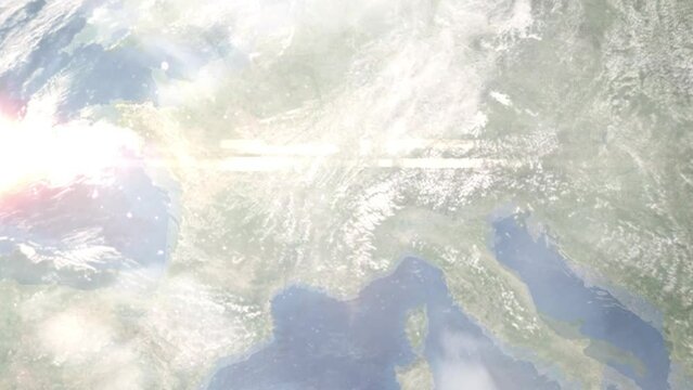 Zoom in from space and focus on Annemasse, France. 3D Animation. Background for travel intro. Elements of this image furnished by NASA