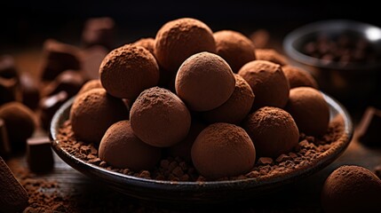  a close up of a bowl of chocolate truffles on a table with other chocolate truffles in the background. - obrazy, fototapety, plakaty