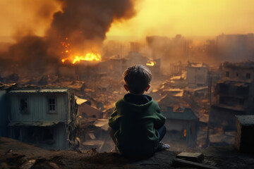 a lonely child sits with his back and sees a city destroyed by war. a child without a family in the ruins. The city is on fire after an airstrike by an enemy aggressor country. Generative AI - obrazy, fototapety, plakaty
