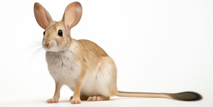 South African springhare, sitting sideways. Close-up of Pedetes capensis looks towards the camera. Exotic animal isolated on a white background.