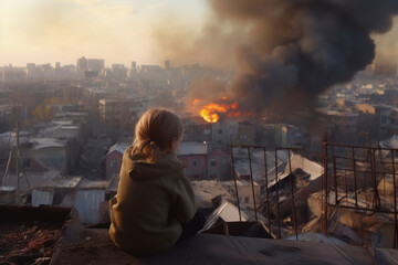 a lonely child sits with his back and sees a city destroyed by war. a child without a family in the ruins. The city is on fire after an airstrike by an enemy aggressor country. Generative AI