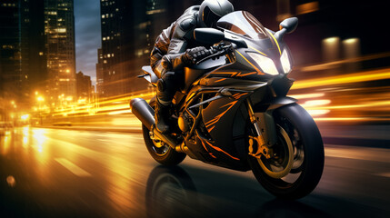 motorcyclist racer drives a sports motorcycle fast on road in the city at night. Motion blur, speed, Motorcycle on the street of a night city