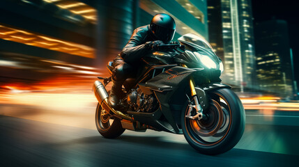 motorcyclist racer drives a sports motorcycle fast on road in the city at night. Motion blur,...