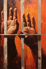 Two hands up against the bars of a cell. Depicting being trapped. Mental health. 