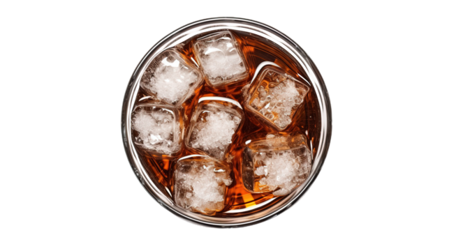 Top view Cola with ice cubes in glass. Isolated on Transparent background.