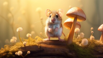  a mouse sitting on top of a tree stump in a field of mushrooms and dandelions in the sunlight.