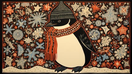  a painting of a penguin wearing a knitted hat, scarf, and scarf around its neck with snowflakes around its neck.