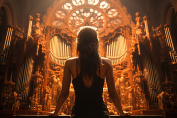 organist with cathedral pipe organ - obrazy, fototapety, plakaty