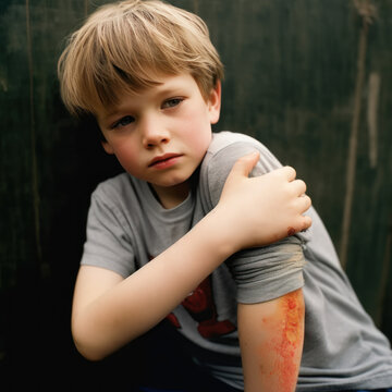 jeune garçon qui s'est fait mal au bras, égratignure et saignement léger après une chute par terre en jouant