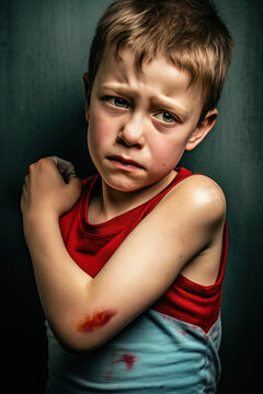 jeune garçon qui s'est fait mal au bras, égratignure et saignement léger après une chute par terre en jouant