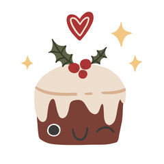Traditional Christmas pudding with mistletoe in cartoon style. Christmas bread loaf. Traditional Xmas bakery with berries, chocolate. New Years dessert with smiling face with white glaze. Holiday food