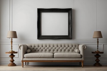 a black frame hanging on the wall above a minimalist sofa