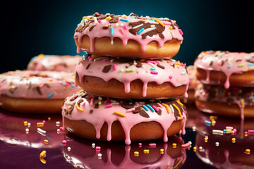 Colorful donut with sprinkles and chocolate splash. Generative AI