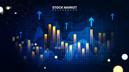 Futuristic financial trading chart with up arrows. Successful stock market statistical information and trends. Economic information growth background