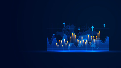 Stock market growth in futuristic technology style. Business growth wallpaper with the glowing bar chart static and up arrow. Graphic of successful financial development on the dark background