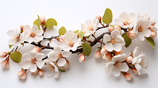 A beech branch with blossoms stands out isolated on a pure white background.