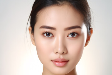 Fototapeta premium A half-youthful Asian female's problem-ridden visage, peppered with freckles, gazes toward the lens on a white canvas, providing area for content.
