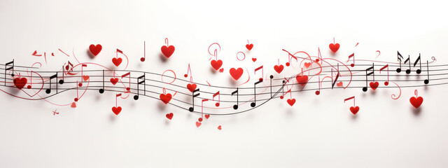 Musical notes and hearts on a stave, a harmonious visual for a Valentine's Day music playlist. - obrazy, fototapety, plakaty