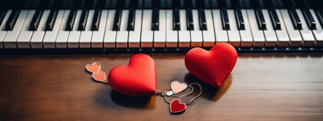 Handcuffs in the shape of hearts on piano keys, symbolizing a playful and committed tune on a...