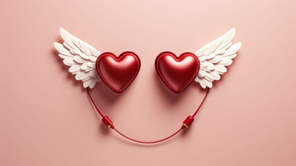 Heart-shaped headphones with angel wings on a pink background, a whimsical representation of a Valentine's Day music playlist.