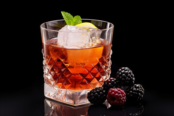 A vintage cocktail with ice, blackberry, and orange conjoined. - obrazy, fototapety, plakaty