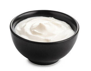 Fototapeta na wymiar Yogurt in black bowl isolated on white background, cutout