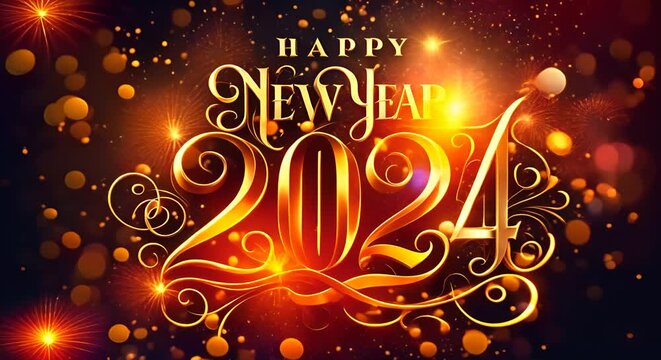 Happy New Year 2024 Greeting writen in gold on festive background 