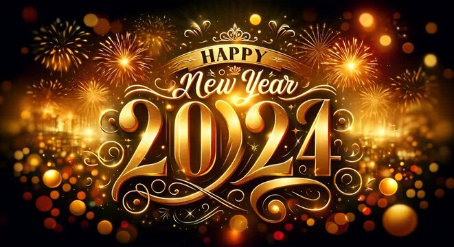 Happy New Year 2024 Greeting writen in gold on festive background 