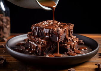 Pouring melted chocolate over pieces of brownies - obrazy, fototapety, plakaty