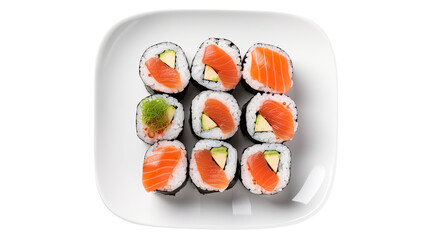 Top view Set of sushi on a white plate. Isolated on Transparent background.