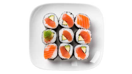 Top view Set of sushi on a white plate. Isolated on Transparent background.