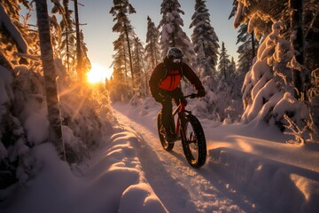 a man rider riding a fat bike bicycle in snow covered road trail in cold frosty winters - obrazy, fototapety, plakaty