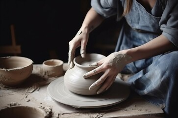 Fototapeta na wymiar Art pottery with wet clay workshop. Artisanal sculptor creating ceramic cup. Generate ai