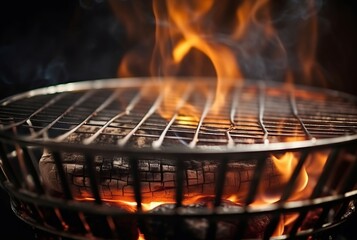 Barbecue grill with burning flames closeup photo. Grilling culinary food roasting flaming grate....