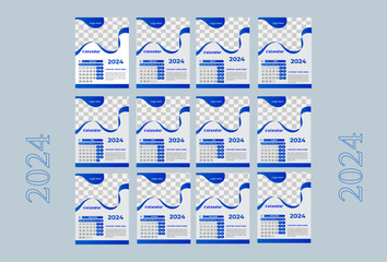 Calendar Design 2024 Simple editable vertical vector .Color vector pocket calendar design. Week starts on Sunday. January, February, March, April, May, June, July, August, September, October, November