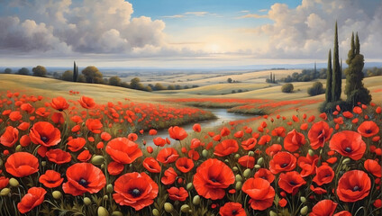 Landscape of a red poppy field on a sunny day with a river - obrazy, fototapety, plakaty
