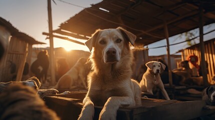 Sunset at Animal Rescue Shelter with Various Dog Breeds - obrazy, fototapety, plakaty