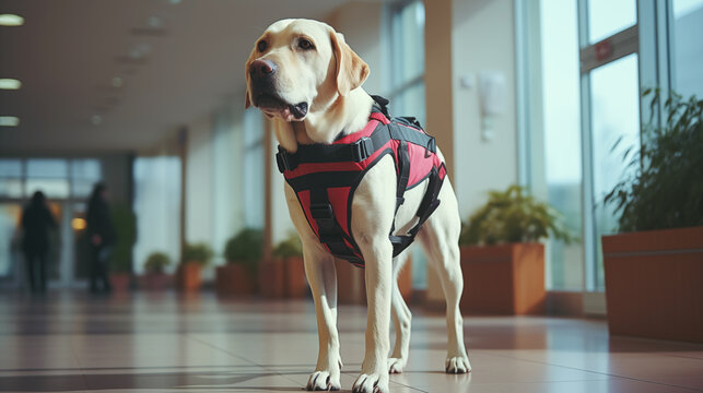 Photo of the Labrador retriever Guide dog in dog clothes and guide harness helps a disabled office worker in wheelchair in a modern office - Powered by Adobe