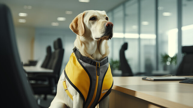 Photo of the Labrador retriever Guide dog in dog clothes and guide harness helps a disabled office worker in wheelchair in a modern office - Powered by Adobe
