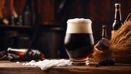  Dark cold beer in a glass for Patrick's day on a dark craft background with cereal grains and condensation on the glass, beer foam © Hanna Ohnivenko