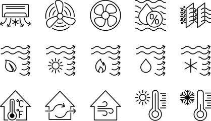 Ventilation Vector Line Icons with Air Conditioning, Air Cooling, Fan, Humidity, Air Circulation, and Ventilation. - obrazy, fototapety, plakaty