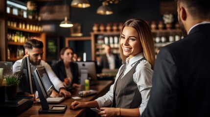 Attractive young female bartender at fancy hotel, smiling and taking a note from a patron