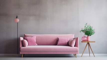 Hyper modern pink couch and side table against a concrete wall backdrop with pink vase and lamp