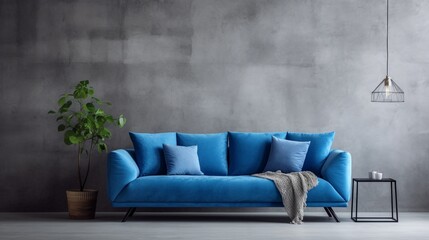 Aquamarine modern blue couch against a concrete wall with simple metal side table and plant accents - obrazy, fototapety, plakaty