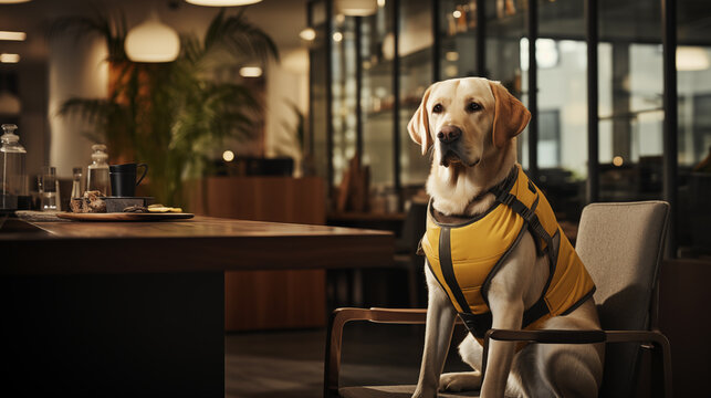 Photo of the Labrador retriever Guide dog in dog clothes and guide harness helps a disabled office worker in wheelchair in a modern office - Powered by Adobe