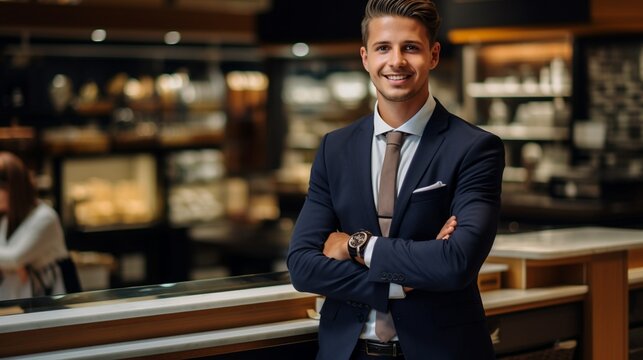 Handsome young businessman (caucasian) at hotel lounge wearing suit and fancy watch
