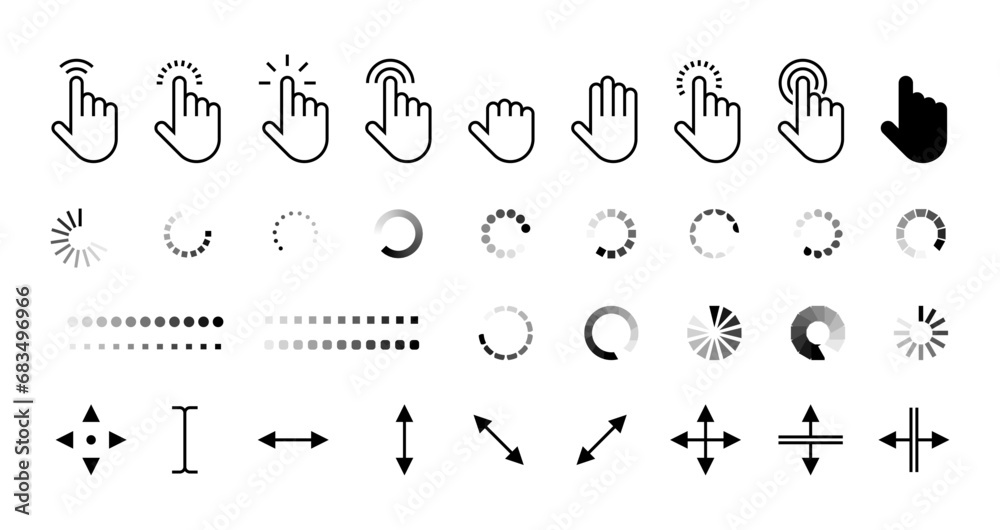 Poster pointer and loading icons. computer cursor arrow and loading sign, click and wait symbol, web addres